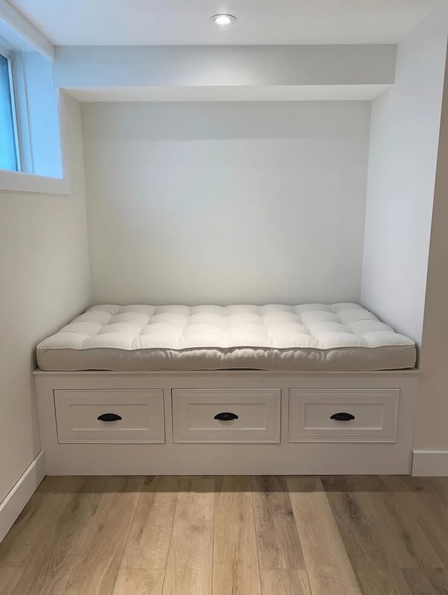 Built-in bench concealing a sump pump in a finished basement