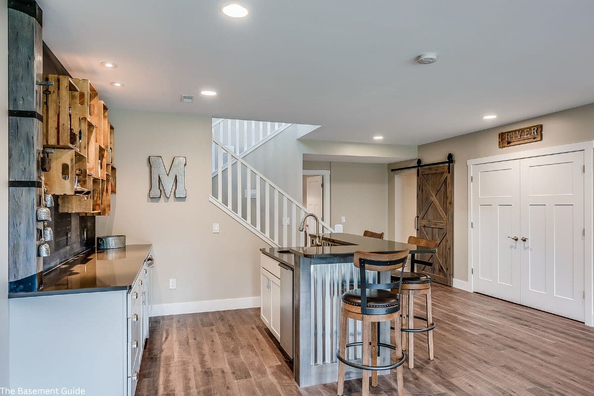 Modern finished basement apartment with kitchen and living area