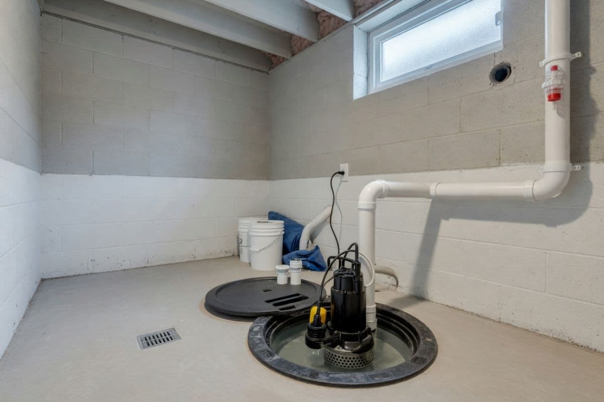 Sump pump replacement cost calculator hero showing a basement sump pump installation